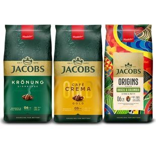 Набір кави в зернах Jacobs Mix 3х1кг ( Jacobs Crema Gold 1 кг, Jacobs Kr&ouml;nung в зернах 1 кг, Jacobs Origins Fusion Бразилія та Колумбія 1 кг) cbn801 фото