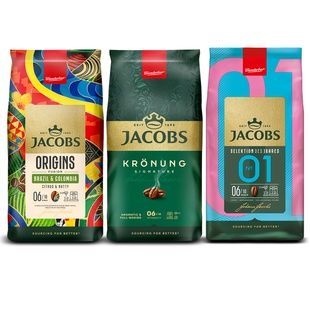 Набір кави в зернах Jacobs Mix 3х1кг середньої інтенсивності ( Jacobs Origins Бразилія та Колумбія 1 кг ,Jacobs Kr&ouml;nung в зернах 1 кг ,Jacobs Selection of the Year №1 1 кг. ) cbn795 фото